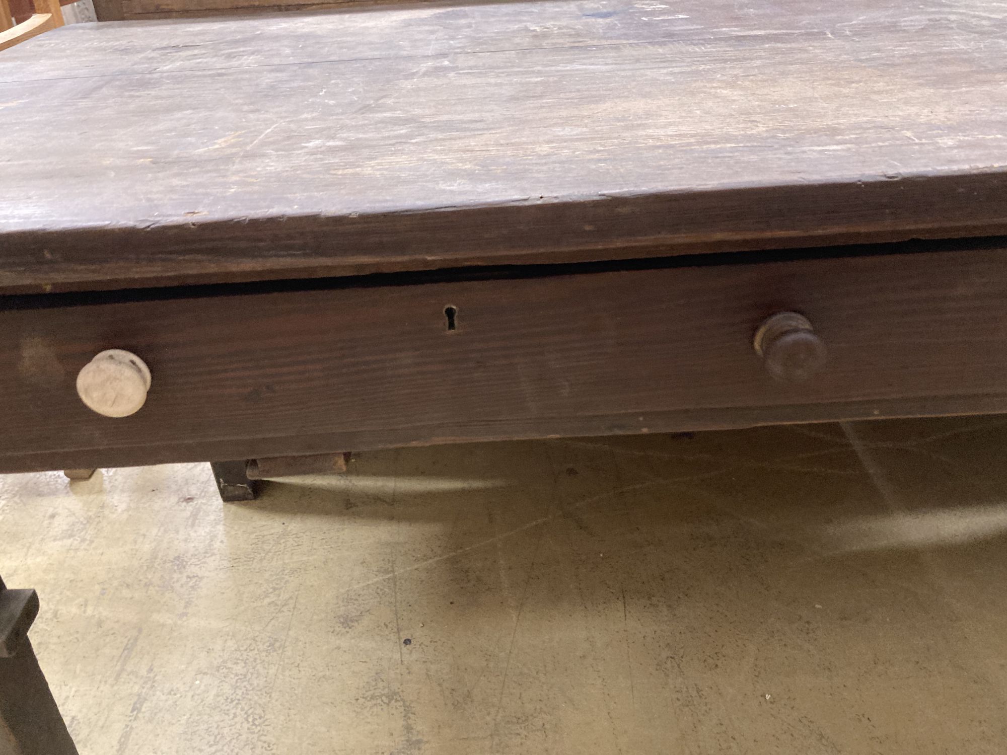 A 19th century pitch pine two drawer kitchen table, length 178cm, depth 81cm, height 76cm
